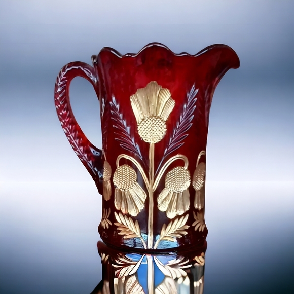 Vintage Mosser Red & Gold Inverted Thistle Pitcher, Tumblers, Cream & Sugar Set - Picture 2 of 7